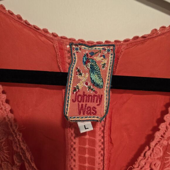 Johnny Was Dress Large Coral Embroidered Sleeveless Lace Swing V Neck READ - Picture 5 of 10
